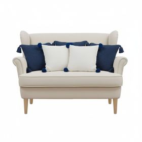 SOGA 5PC Chunky Knit Navy Blue & Cream White Ribbed Pillow Cover Set with Pom-Poms for Sofa Décor